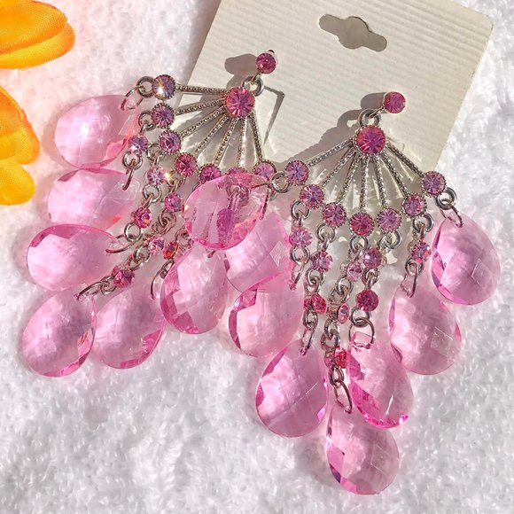 Boho Earrings Long Pink Rhinestone Drop Posts NWT